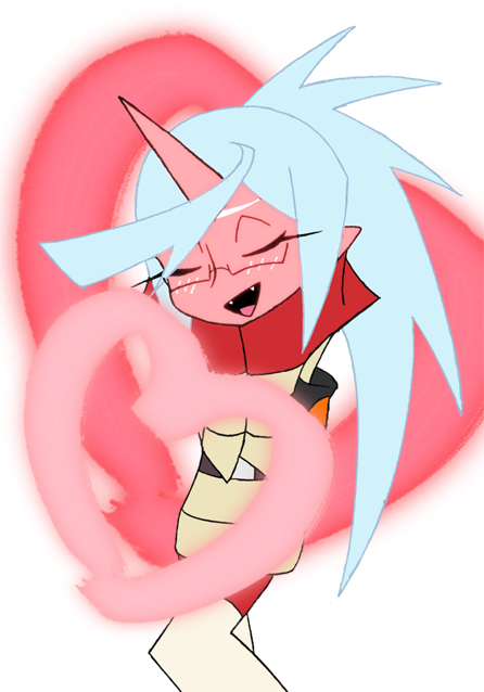 bad_id, blue_hair, blush, demon, glasses, hands_on_own_face, heart, horn, kneesocks_(character), kneesocks_(psg), official_style, panty_&amp;_stocking_with_garterbelt, ponytail, red_skin, sinomin, solo