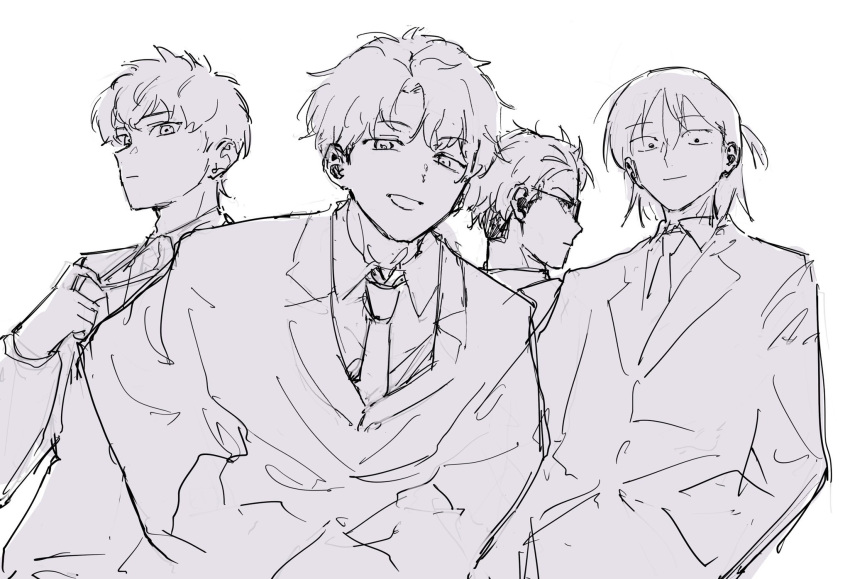 4boys, adjusting_clothes, adjusting_necktie, blazer, collared_shirt, commentary, english_commentary, expressionless