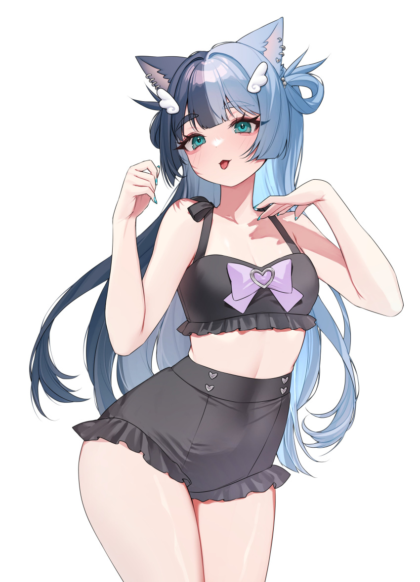 1girl, absurdres, animal_ear_piercing, animal_ears, bikini, black_bikini, blue_hair, bow