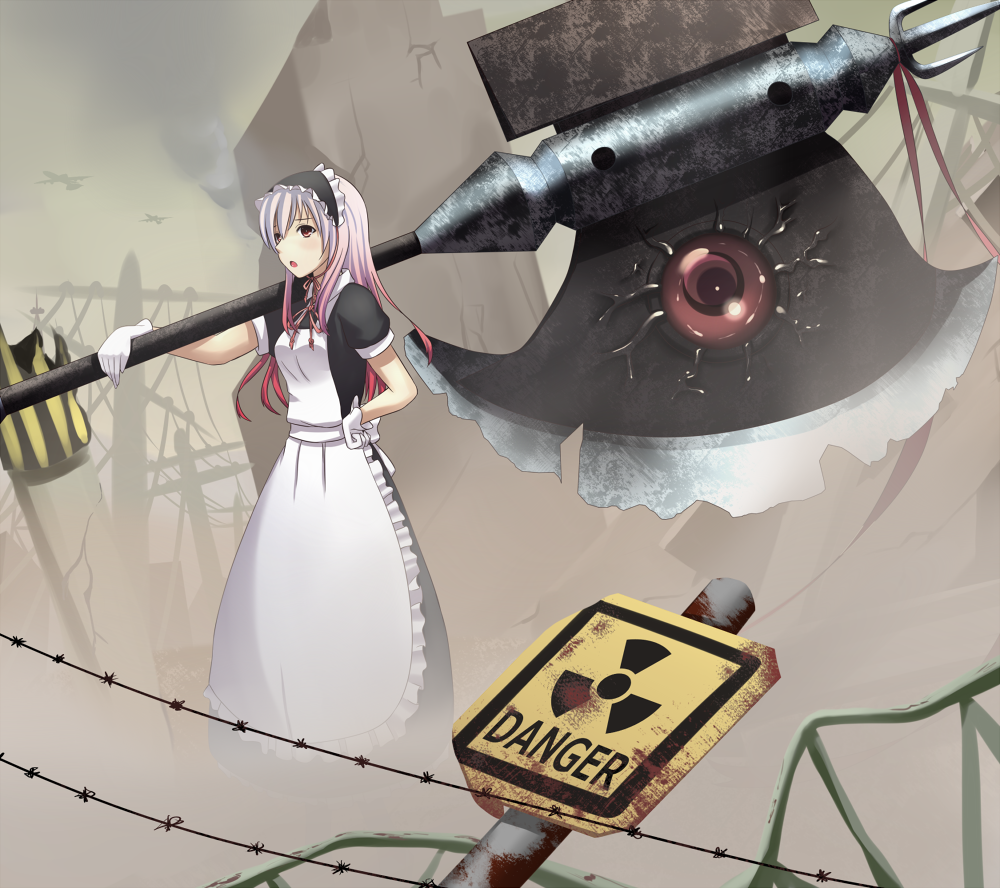 axe, axe_over_shoulder, eyeball, gloves, hand_on_hip, hips, huge_weapon, long_hair