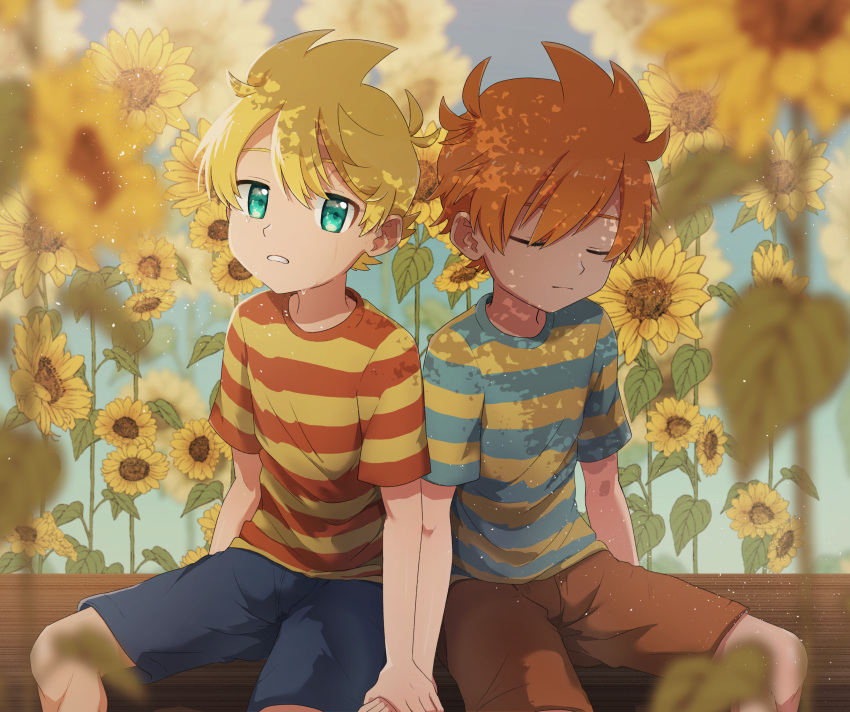 2boys, absurdres, blonde_hair, blue_shorts, brothers, brown_shorts, claus_(mother_3), closed_eyes