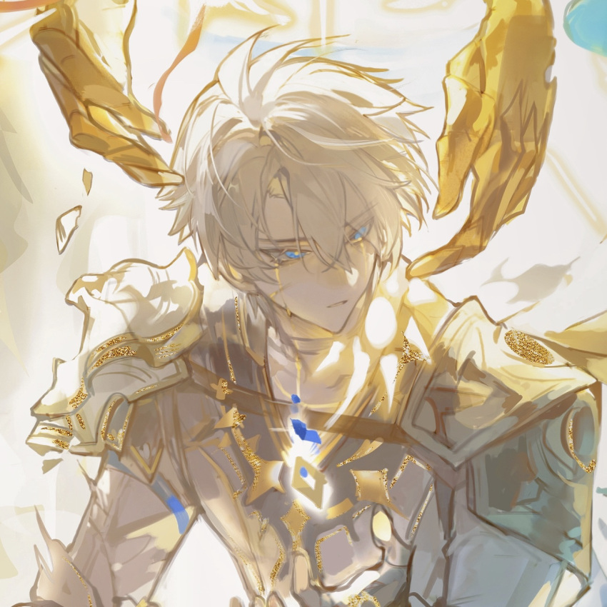 1boy, antenna_hair, armor, black_choker, blue_eyes, chinese_commentary, choker, coat