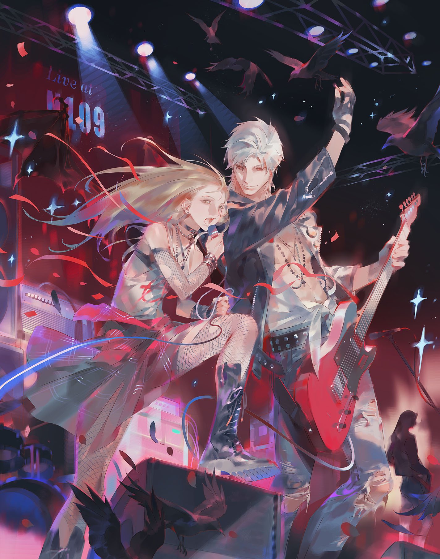 1boy, 1girl, belt, bird, black_belt, black_gloves, black_jacket, blonde_hair, boots, closed_mouth, crow, denim, endofthepage, fishnet_gloves, fishnet_leggings, fishnets, gloves, guitar, highres, holding, holding_guitar, holding_instrument, holding_microphone, instrument, jacket, jeans, jewelry, leather, leather_boots, leather_gloves, leather_jacket, long_hair, looking_at_another, love_and_deepspace, microphone, necklace, open_clothes, open_mouth, open_shirt, pants, protagonist_(love_and_deepspace), red_eyes, red_skirt, shirt, short_hair, skirt, sylus_(love_and_deepspace), torn_clothes, torn_pants, white_hair, white_shirt