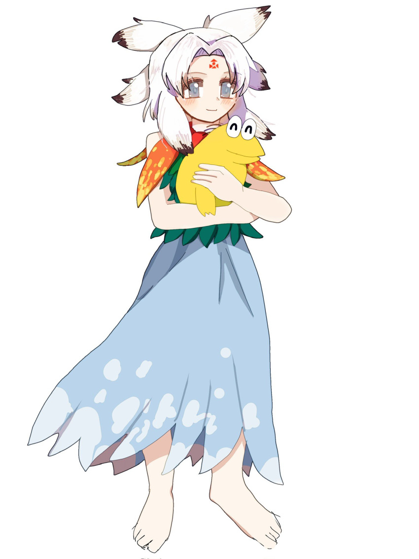 1girl, 2channel, barefoot, blue_skirt, blush, closed_mouth, colored_tips, forehead_tattoo, full_body, grey_eyes, highres, houjuu_chimi, kqkqiwq, leaf_clothing, long_hair, looking_afar, multicolored_hair, simple_background, skirt, smile, solo, touhou, white_background, white_hair, yakiu_no_oniichan