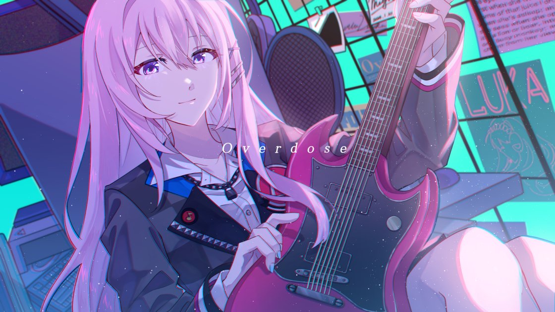 1girl, black_jacket, blue_eyes, collarbone, commentary_request, dutch_angle, electric_guitar, eyelashes