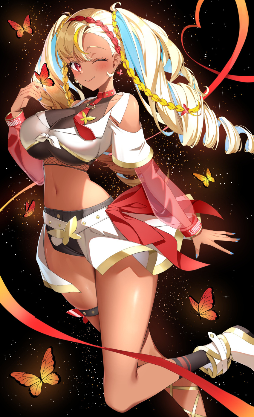1girl, absurdres, black_background, black_socks, blonde_hair, blue_hair, braid, breasts