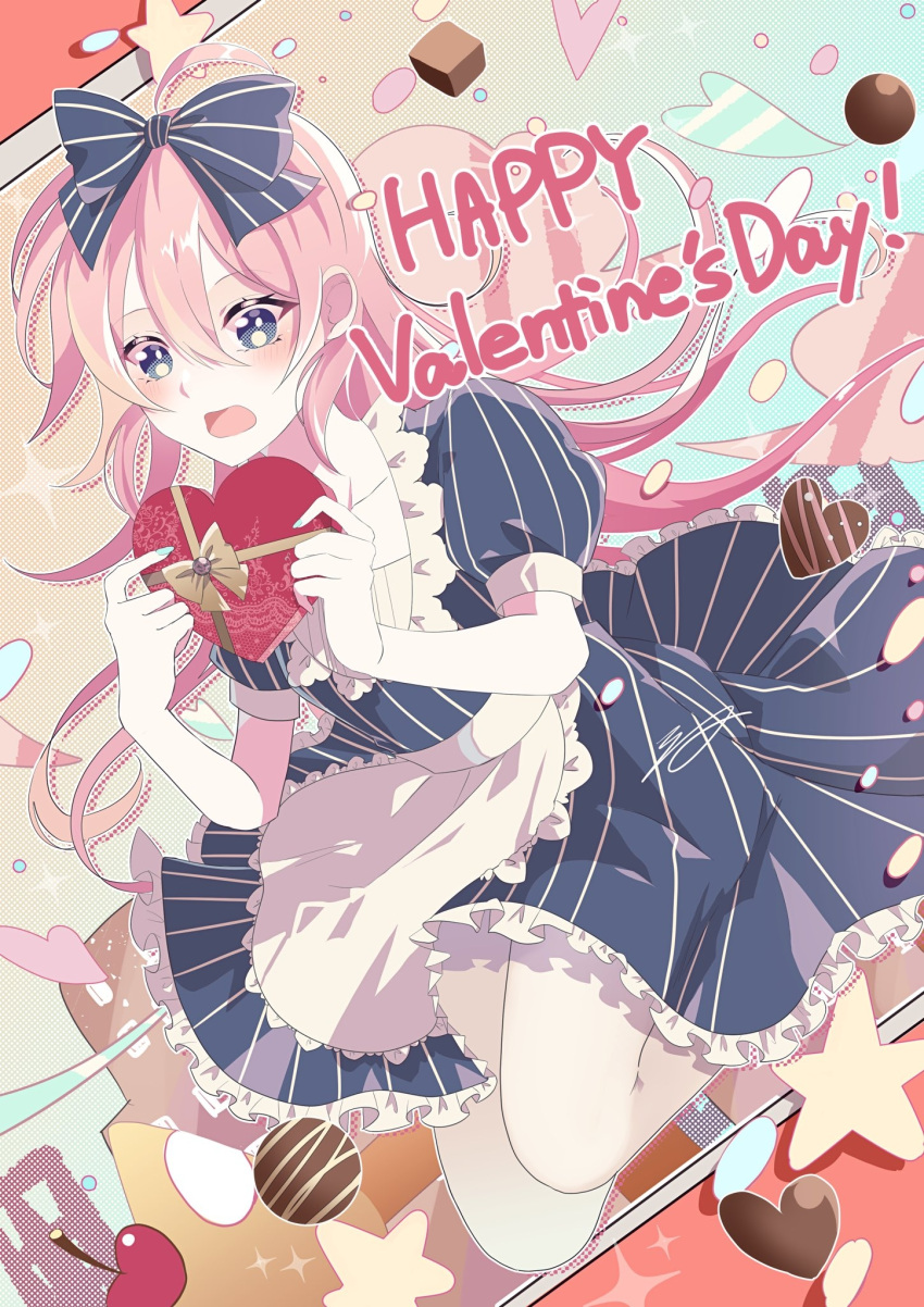 1girl, ahoge, apron, ben-day_dots, blue_dress, blue_eyes, blush, bow