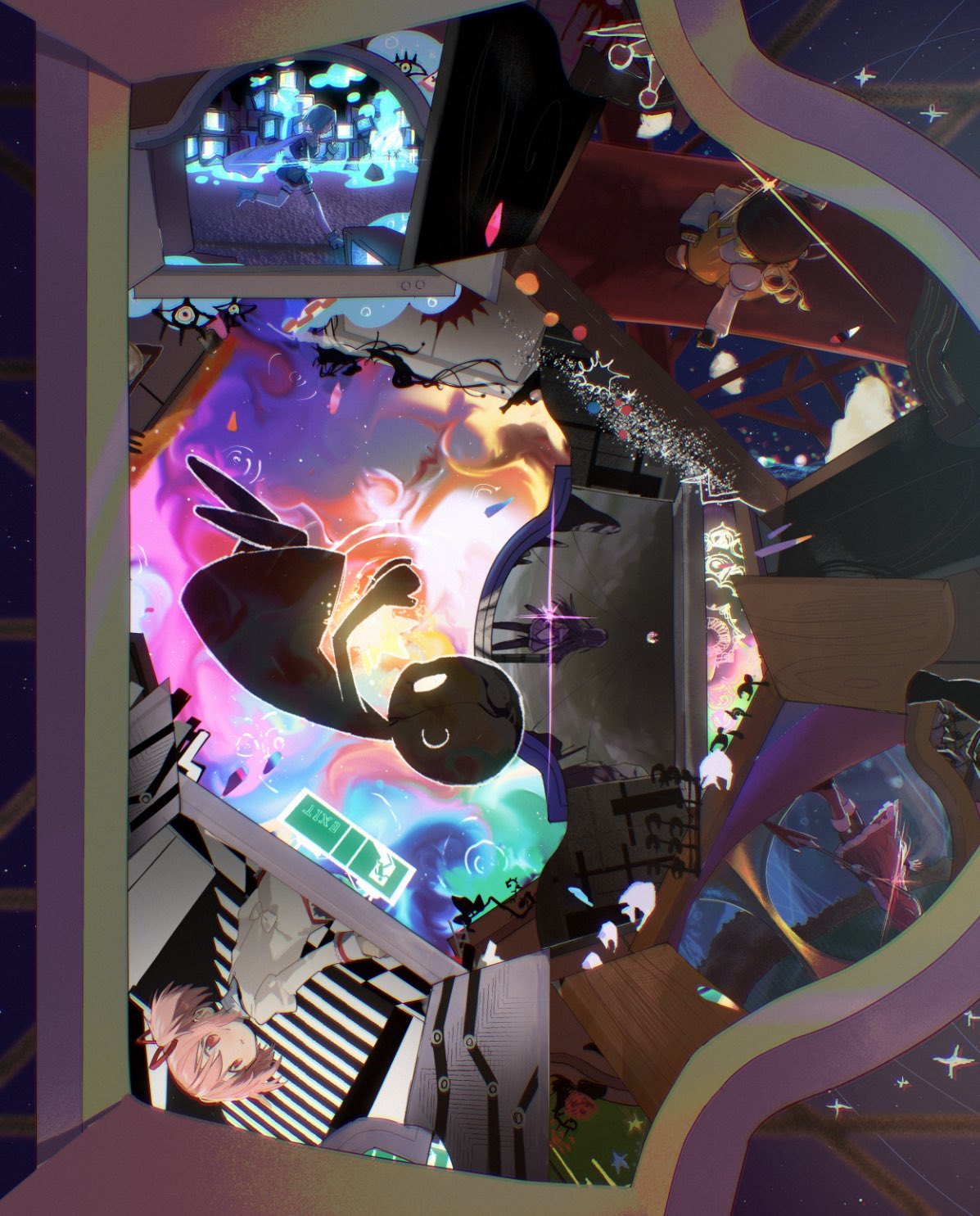 6+girls, akemi_homura, armlet, back_bow, belt, beret, black_boots, black_gloves