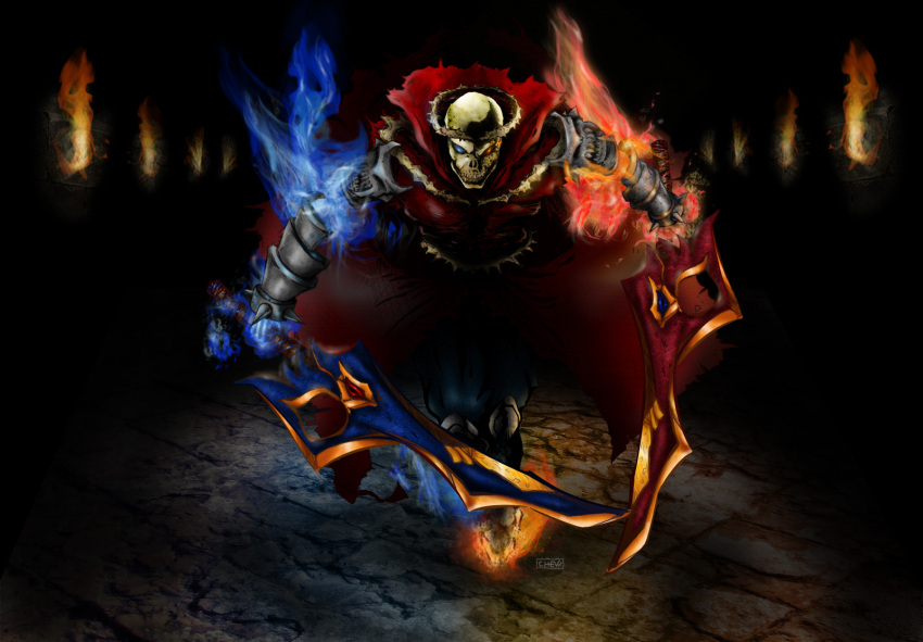 1other, blue_fire, cape, ch3v, commentary_request, dual_wielding, fire, full_body