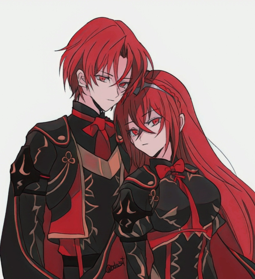 1boy, 1girl, cape, closed_mouth, crossed_bangs, expressionless, female_alear_(fell_dragon)_(fire_emblem), female_alear_(fire_emblem), fire_emblem, fire_emblem_engage, hair_between_eyes, highres, long_hair, looking_at_viewer, male_alear_(fell_dragon)_(fire_emblem), male_alear_(fire_emblem), oda32t, red_eyes, red_hair, short_hair, simple_background, tiara, upper_body, white_background