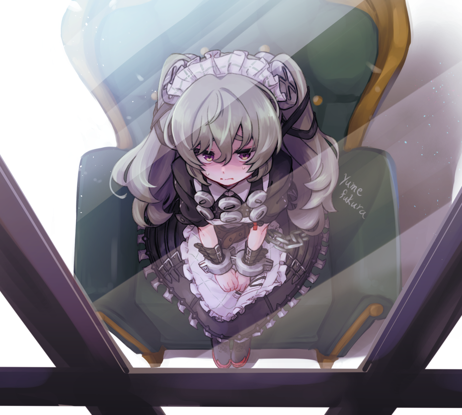 1girl, apron, artist_name, black_dress, black_shoes, commentary_request, corin_wickes, couch, cuffs, dress, from_above, full_body, green_hair, hair_between_eyes, long_hair, looking_at_viewer, maid, maid_apron, maid_headdress, on_couch, puffy_short_sleeves, puffy_sleeves, screw_hair_ornament, shoes, short_sleeves, sitting, solo, sweat, twintails, violet_eyes, white_apron, window, yumefukura, zenless_zone_zero