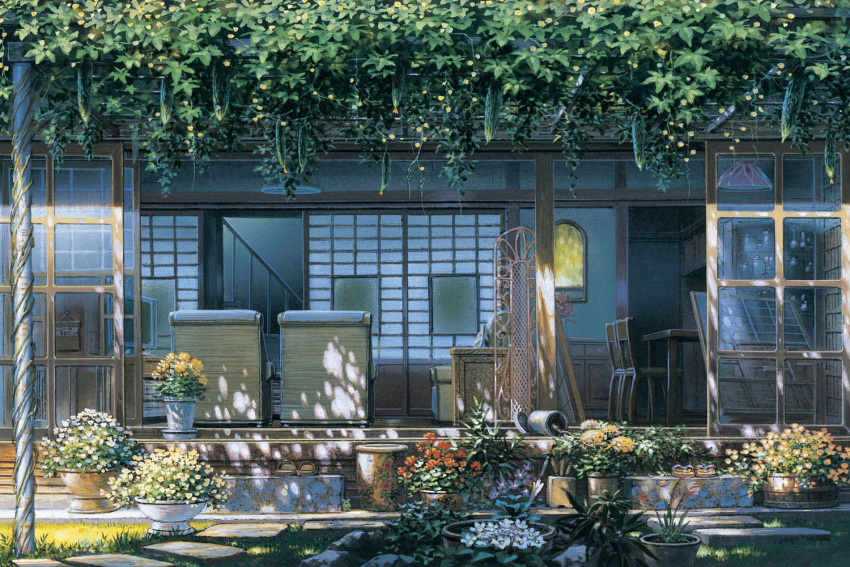 arbor, architecture, chair, dappled_sunlight, day, east_asian_architecture, from_outside, no_humans