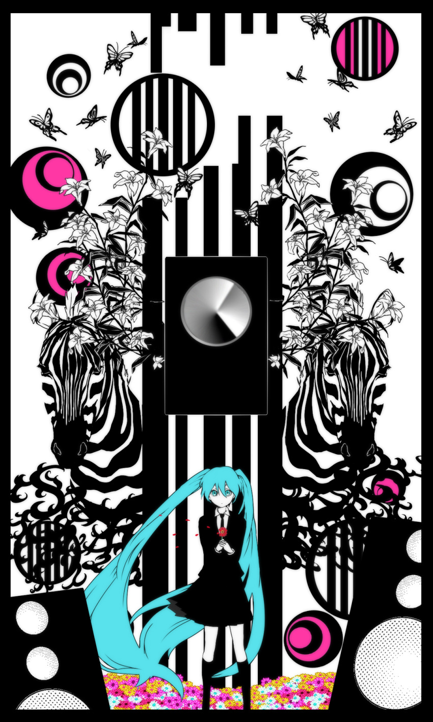 aqua_eyes, aqua_hair, bad_id, butterfly, flower, formal, hatsune_miku, highres