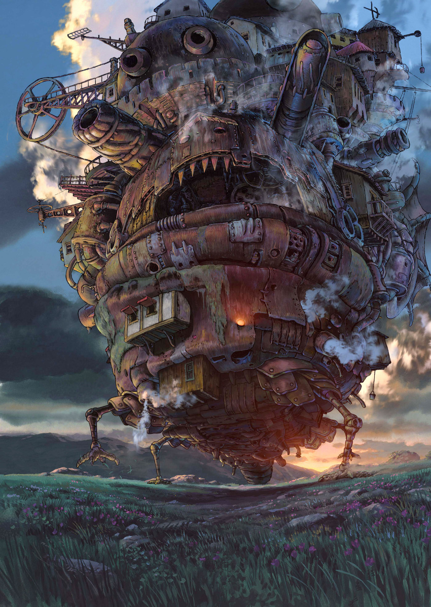 absurdres, architecture, backlighting, clouds, evening, field, highres, howl_no_ugoku_shiro