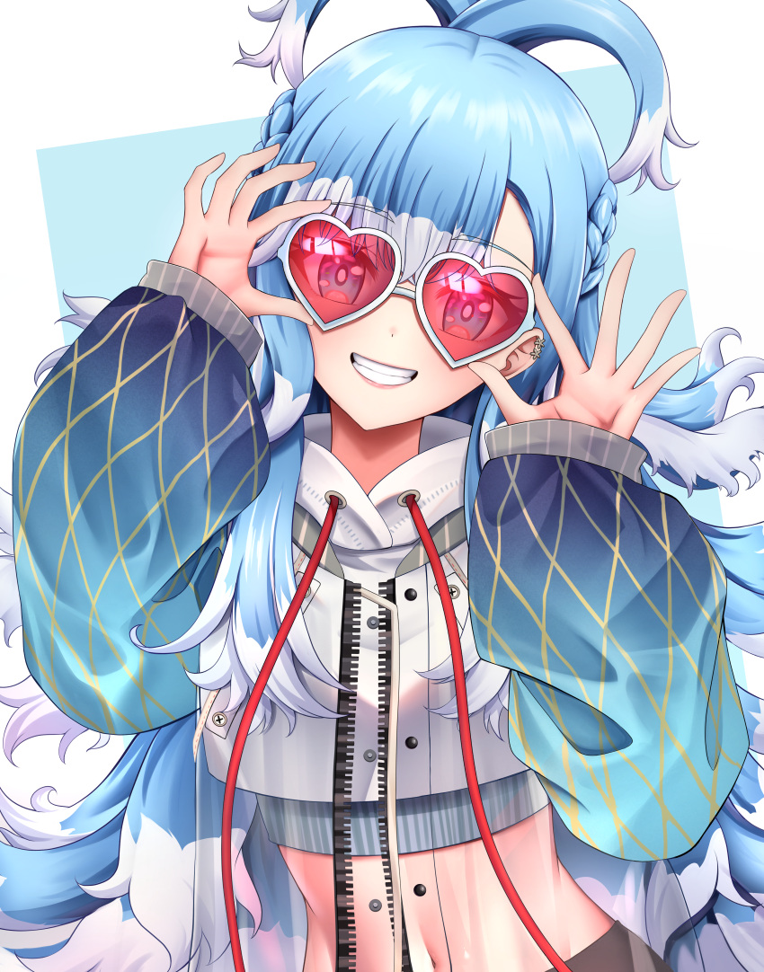 1girl, absurdres, blue_eyes, blue_hair, closed_mouth, cropped_jacket, heart, heart-shaped_eyewear, highres, hololive, hololive_indonesia, jacket, kobo_kanaeru, kobo_kanaeru_(1st_costume), long_hair, multicolored_hair, sei_joshikou, smile, solo, sunglasses, two-tone_hair, very_long_hair, virtual_youtuber, white_hair, white_jacket