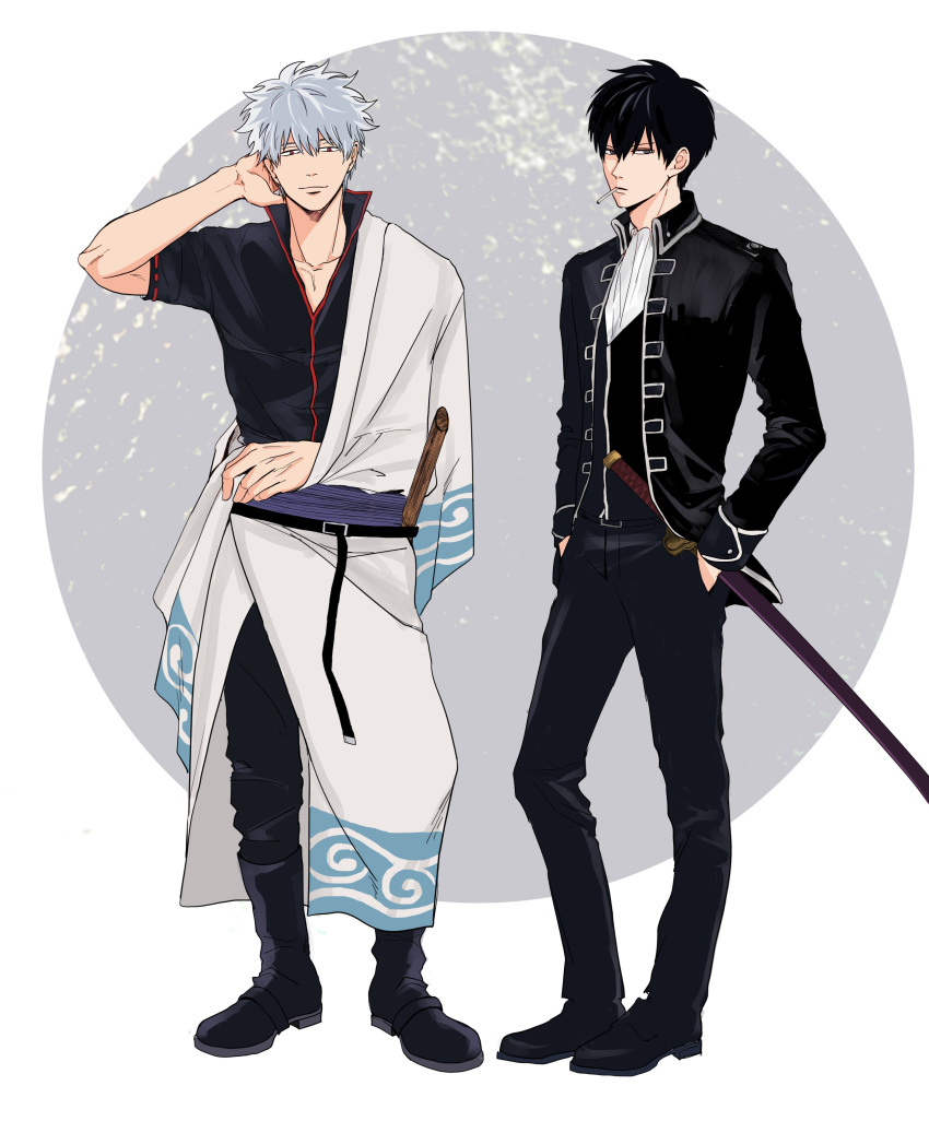 2boys, absurdres, arm_out_of_sleeve, arm_up, belt, black_belt, black_hair, black_jacket