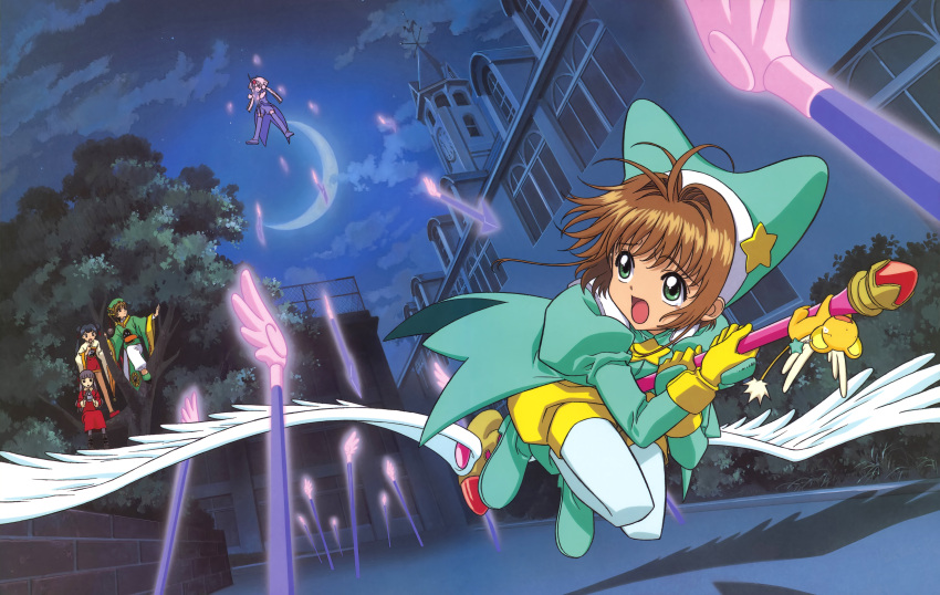 1boy, 4girls, absurdres, antenna_hair, arrow_(clow_card), arrow_(projectile), black_hair, boots