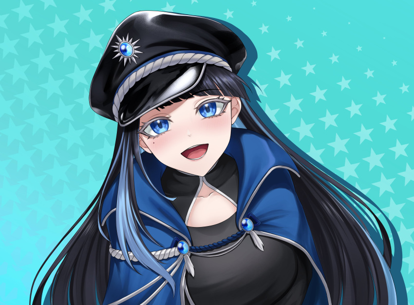 1girl, :d, absurdres, angrycomputer_studio, aqua_background, black_hat, blue_cape, blue_eyes, blue_hair, blush, bond_en, bondlive, cape, colored_eyelashes, commentary, english_commentary, erebus_grey, hat, highres, long_hair, mole, mole_under_eye, multicolored_hair, open_mouth, second-party_source, smile, solo, star_(symbol), streaked_hair, teeth, tongue, two-tone_hair, virtual_youtuber