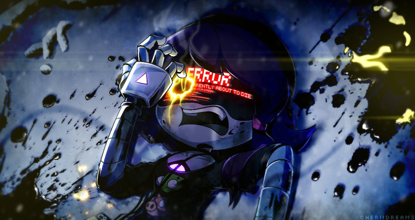 1girl, android, beanie, black_hat, black_jacket, gir_(dog_costume), gir_(invader_zim), hat, highres, humanoid_robot, invader_zim, jacket, jazthemurderdrone, looking_at_viewer, mechanical_arms, murder_drones, open_mouth, pom_pom_(clothes), pom_pom_beanie, purple_hair, robot, short-sleeved_jacket, short_hair, short_sleeves, smile, snow, spill, uzi_(murder_drones), violet_eyes, yellow_eyes