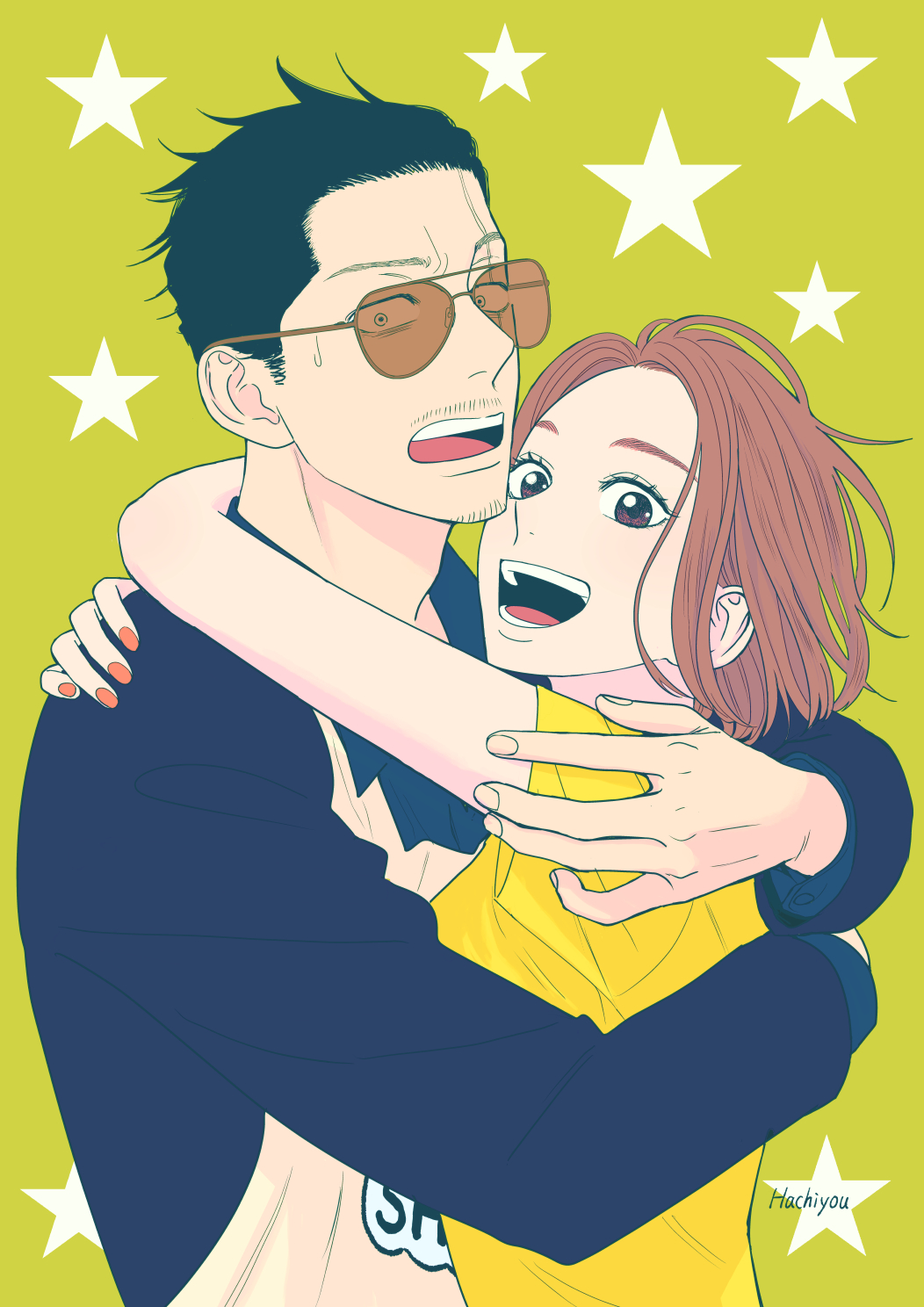 1boy, 1girl, apron, artist_name, black_hair, brown_eyes, brown_hair, commentary_request