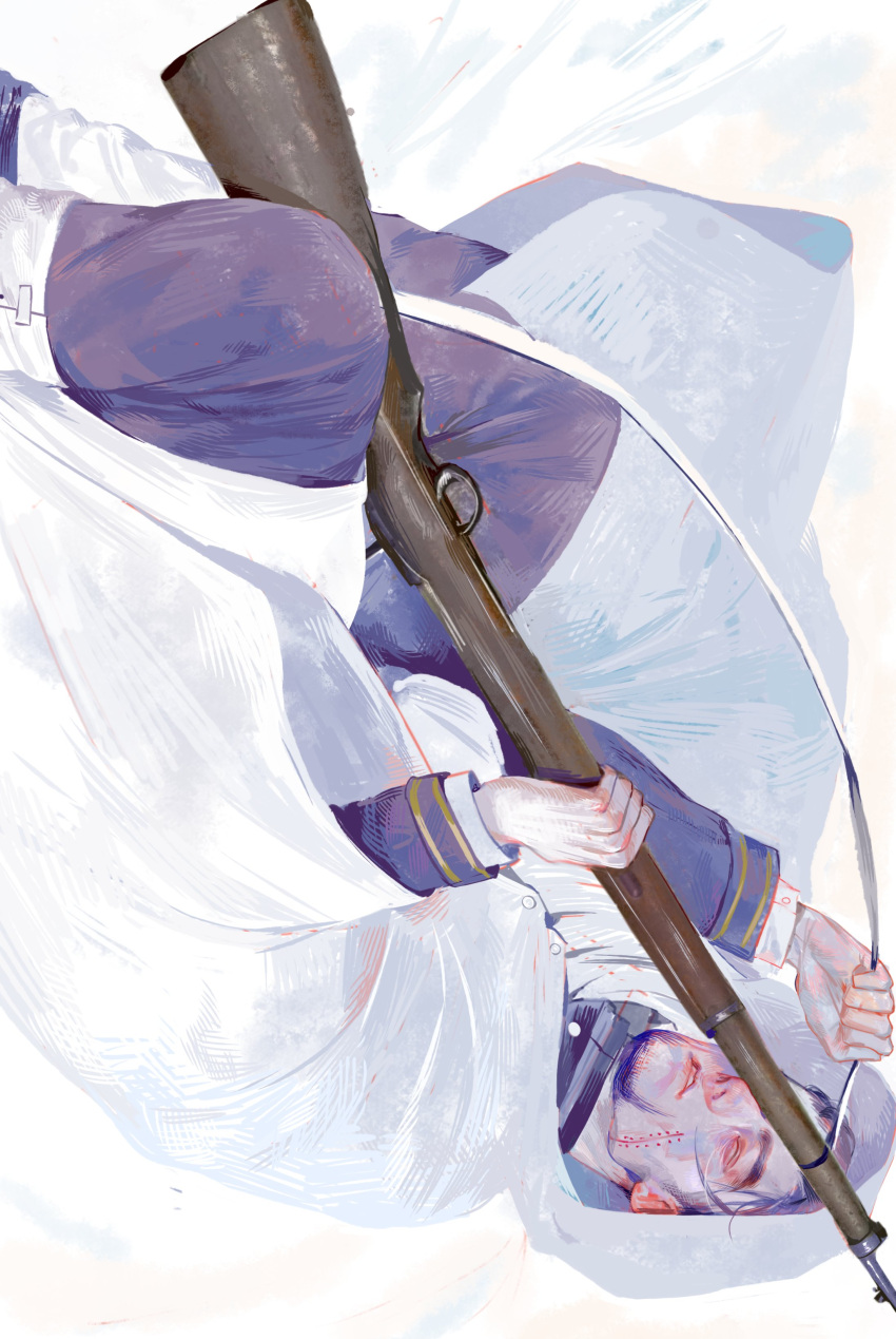 1boy, absurdres, arisaka, black_hair, bolt_action, cape, closed_eyes, facial_hair, golden_kamuy, gun, hair_slicked_back, highres, holding, holding_gun, holding_weapon, hood, hooded_cape, long_sleeves, male_focus, military_uniform, ogata_hyakunosuke, one_eye_covered, rifle, scar, scar_on_cheek, scar_on_face, short_hair, solo, vats9_9, weapon, white_background