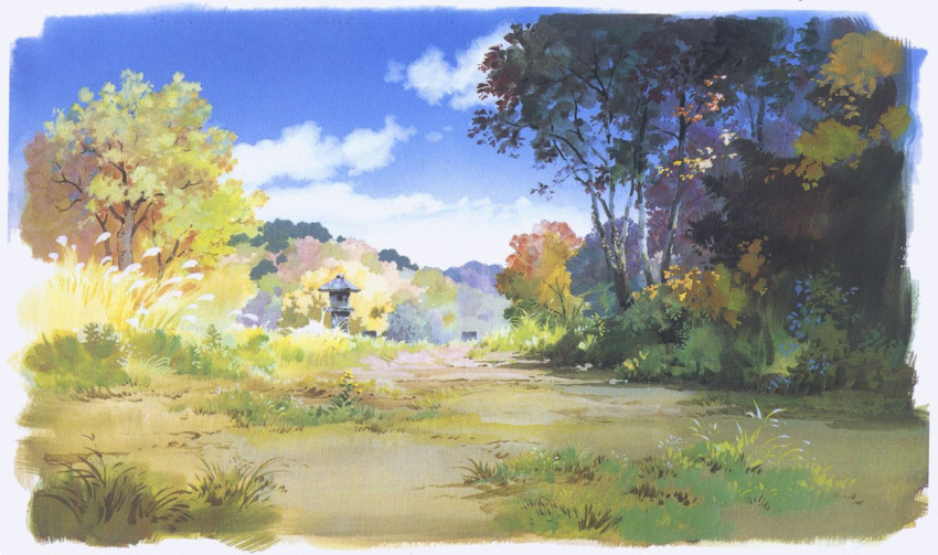 blue_sky, clouds, day, foliage, nature, no_humans, no_lineart, oga_kazuo
