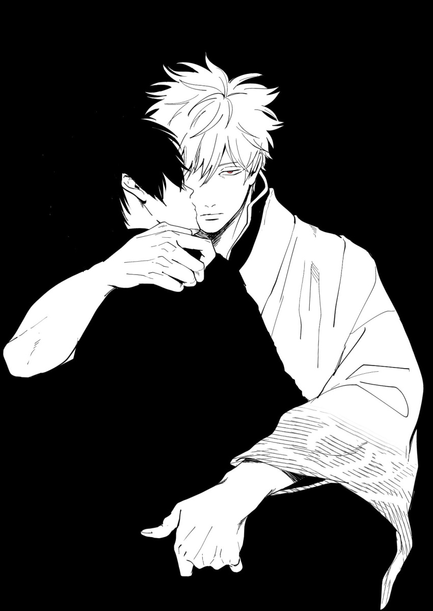 2boys, arm_around_shoulder, arm_around_waist, black_background, closed_mouth, commentary_request, ghqjyu, gintama