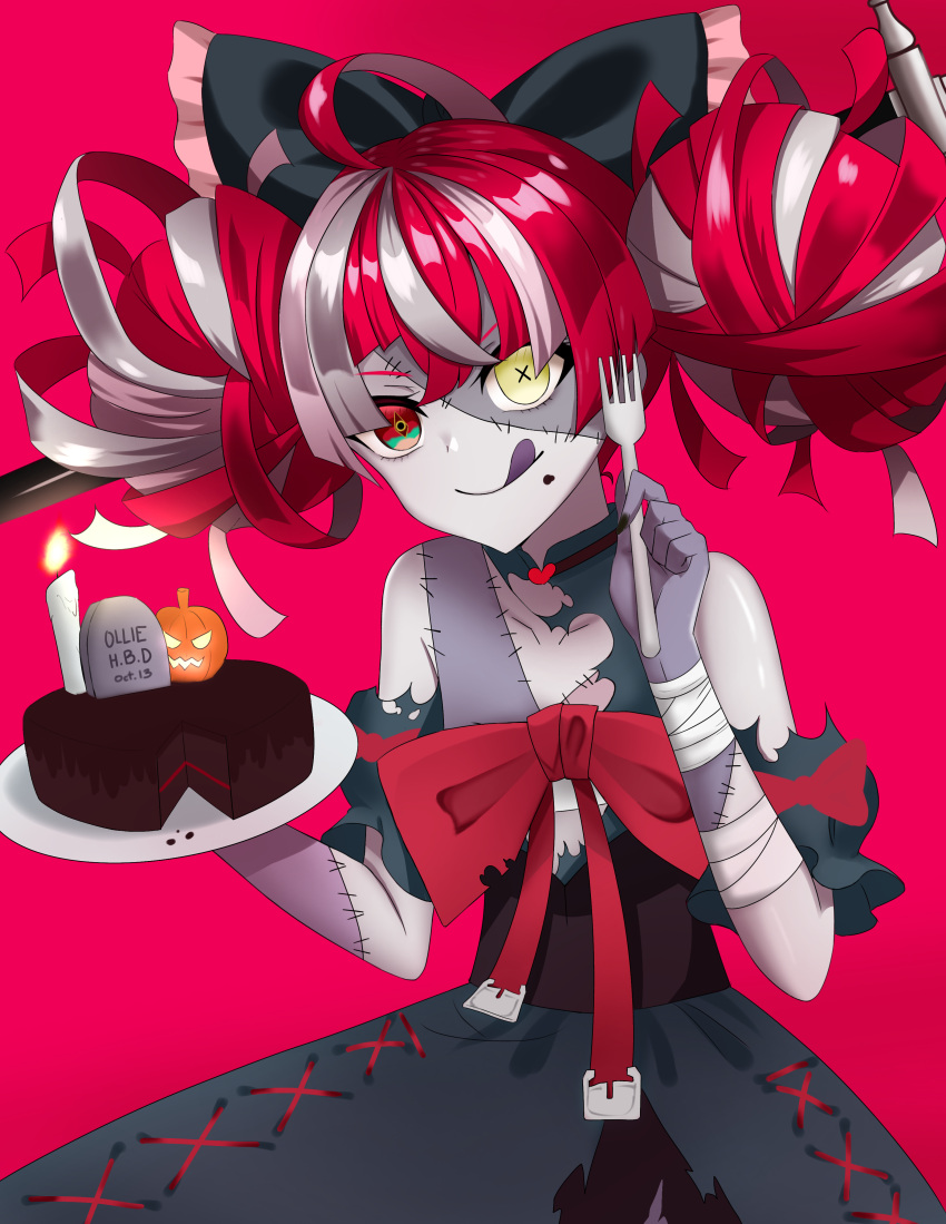 1girl, absurdres, bandaged_arm, bandages, birthday_cake, black_choker, black_dress, cake