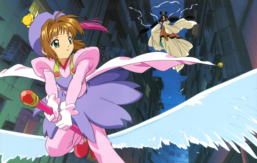2girls, absurdres, ahoge, black_hair, broom, broom_riding, brown_hair, cardcaptor_sakura