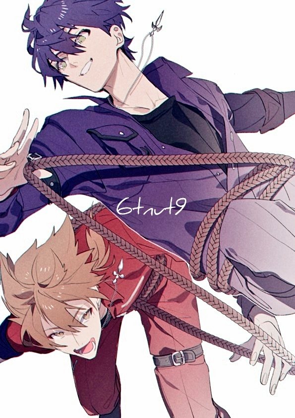 2boys, 6tnut9, :d, ahoge, arm_strap, artist_name, black_shirt, breast_pocket, brown_eyes, brown_hair, buttons, collarbone, commentary_request, fushimi_gaku, fushimi_gaku_(7th_costume), green_eyes, grin, hair_between_eyes, jewelry, jumpsuit, kenmochi_touya, kenmochi_touya_(7th_costume), long_sleeves, low_ponytail, lower_teeth_only, male_focus, medium_hair, mole, mole_under_eye, multiple_boys, necklace, nijisanji, official_alternate_costume, open_jumpsuit, open_mouth, pocket, ponytail, purple_hair, purple_jumpsuit, red_jumpsuit, rope, shirt, short_hair, simple_background, smile, teeth, thigh_strap, virtual_youtuber, white_background