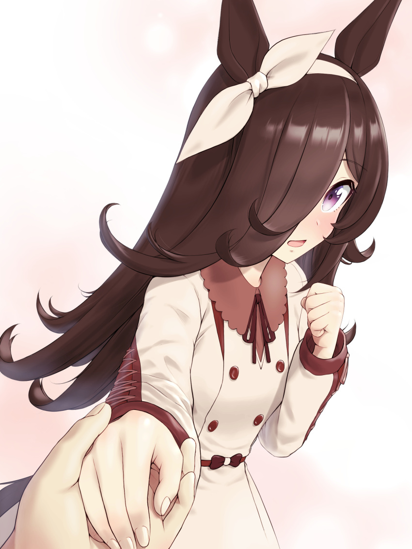 1girl, absurdres, animal_ears, blush, brown_hair, clenched_hand, dress, hair_over_one_eye
