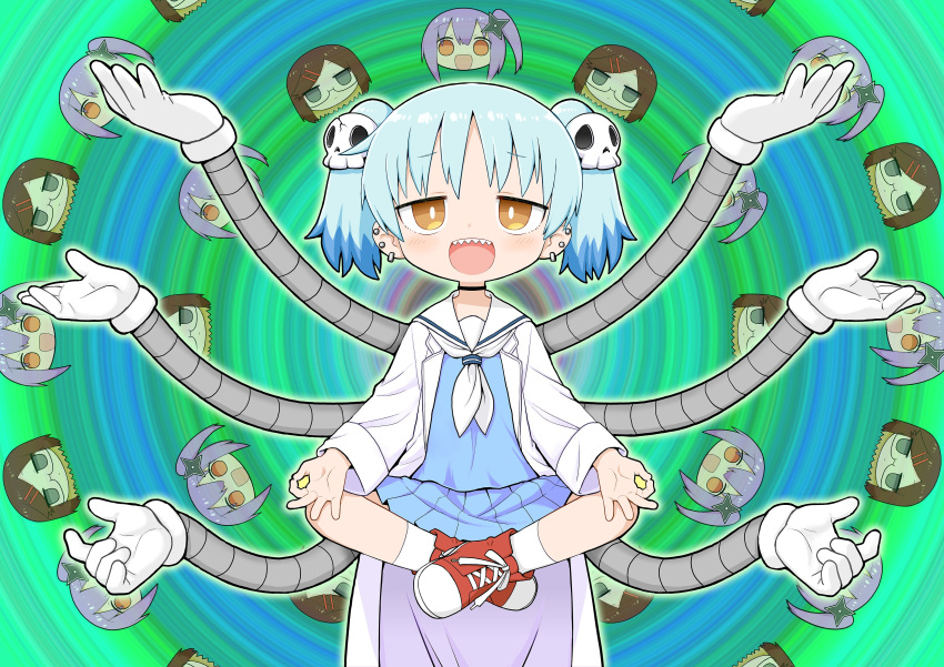 3girls, absurdres, black_choker, blue_hair, blue_serafuku, blue_skirt, brown_hair, choker