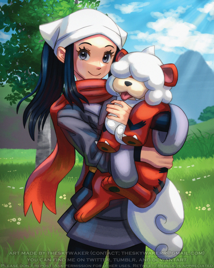 1girl, akari_(pokemon), artist_name, black_hair, blue_sky, closed_mouth, clouds, commentary