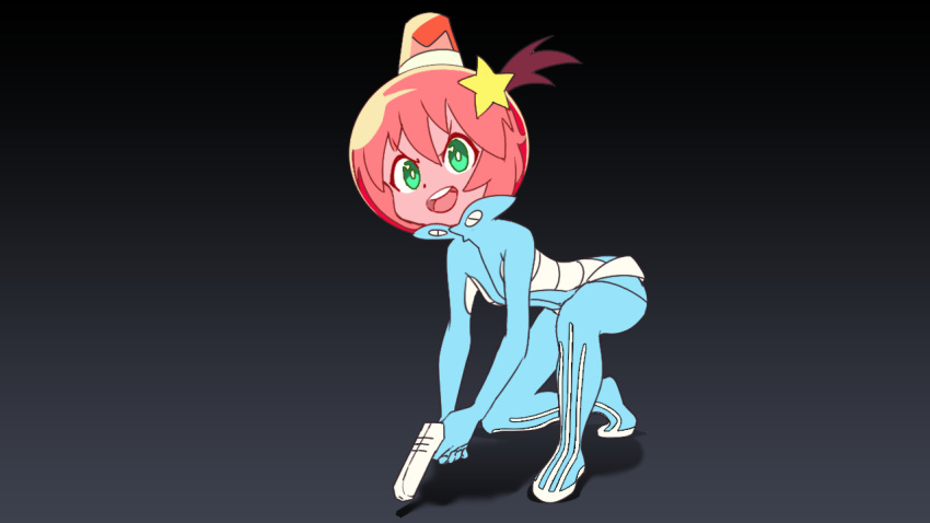blue_eyes, blue_suit, emiladylbekuulu, gun, hair_ornament, helmet, holding, holding_gun, holding_weapon, luluco, non-web_source, pink_helmet, ponytail, star_(symbol), star_hair_ornament, suit, trigger_(company), uchuu_patrol_luluco, weapon