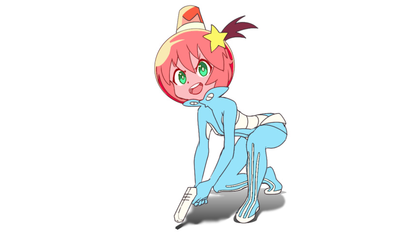 blue_eyes, blue_suit, emiladylbekuulu, gun, hair_ornament, helmet, holding, holding_gun, holding_weapon, luluco, non-web_source, pink_helmet, ponytail, star_(symbol), star_hair_ornament, suit, trigger_(company), uchuu_patrol_luluco, weapon