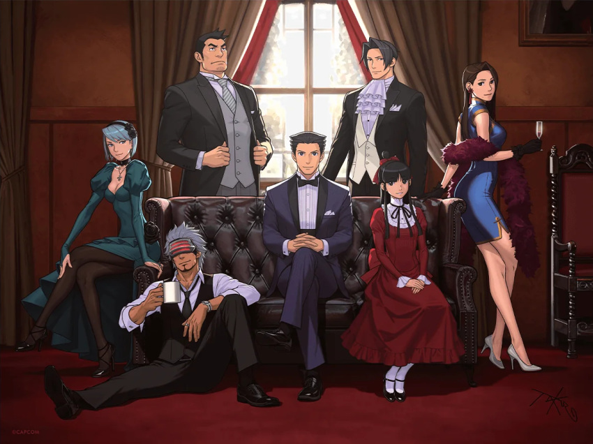 3girls, 4boys, ace_attorney, ascot, black_necktie, black_shoes, black_socks, black_suit, blue_dress, blue_suit, bow, bowtie, chair, champagne_flute, coffee_mug, couch, cross, cross_necklace, crossed_legs, cup, curtains, dick_gumshoe, dress, drinking_glass, eye_mask, flower, franziska_von_karma, frilled_dress, frills, full_body, fur_scarf, fuse_takuro, godot_(ace_attorney), green_dress, grey_curtains, grey_hair, grey_vest, hair_flower, hair_ornament, hair_ribbon, high_heels, jewelry, long_hair, looking_at_viewer, maya_fey, mia_fey, miles_edgeworth, mug, multiple_boys, multiple_girls, neck_ribbon, necklace, necktie, on_couch, on_floor, own_hands_clasped, own_hands_together, painting_(object), pantyhose, phoenix_wright, red_carpet, red_dress, red_ribbon, ribbon, ring, shirt, shoes, short_hair, sleeveless, sleeveless_dress, socks, standing, suit, tight_clothes, tight_dress, vest, watch, white_hair, white_shirt, white_shoes, white_socks, white_vest, window