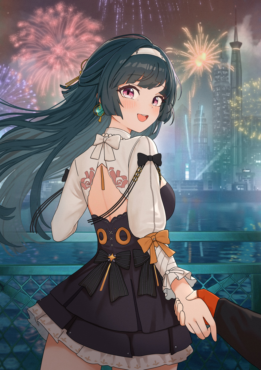 2girls, absurdres, aerial_fireworks, aowow, astra_yao, astra_yao_(chandelier), belle_(zenless_zone_zero), black_dress