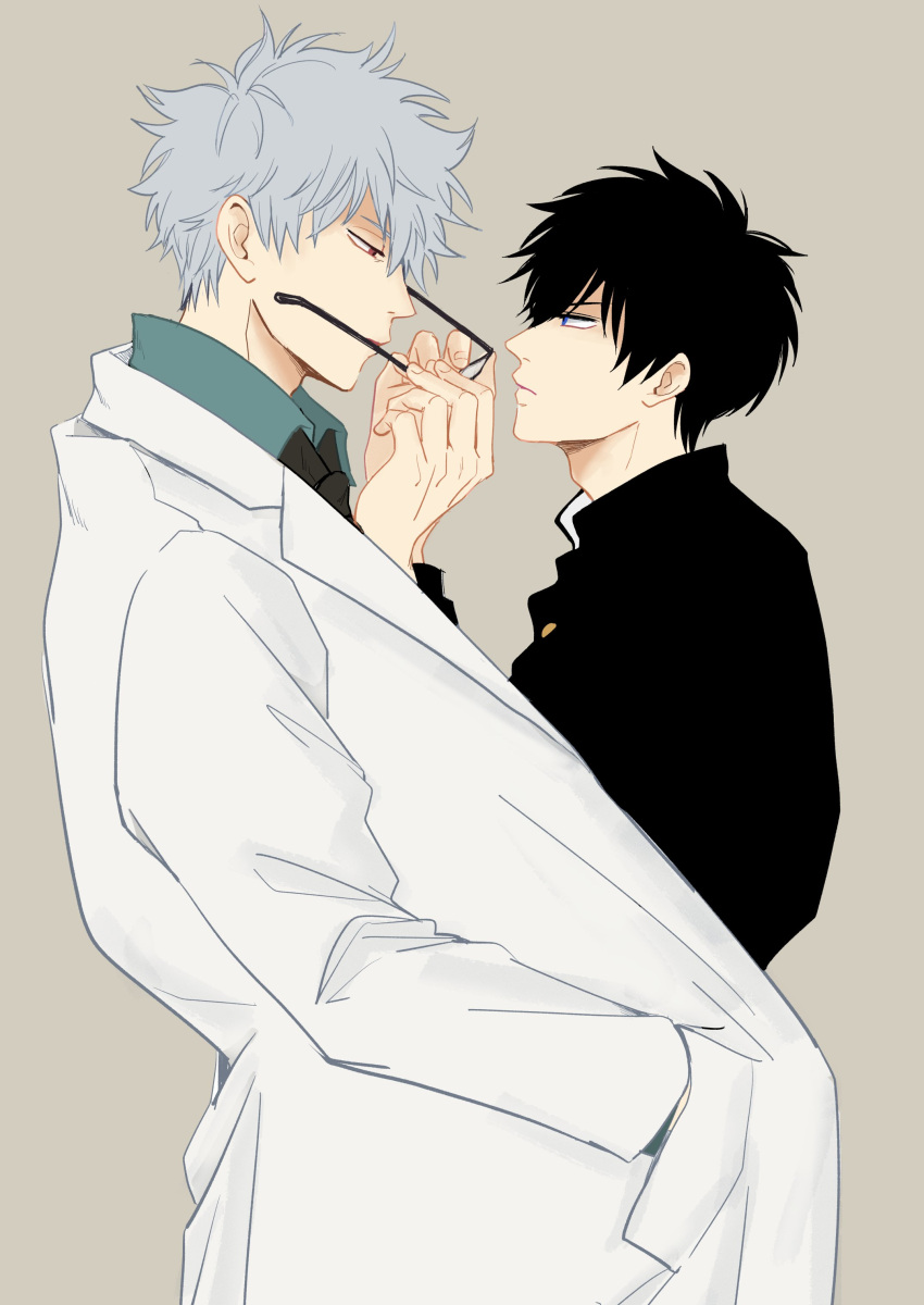 2boys, absurdres, adam's_apple, black-framed_eyewear, black_hair, black_jacket, black_necktie, blue_eyes
