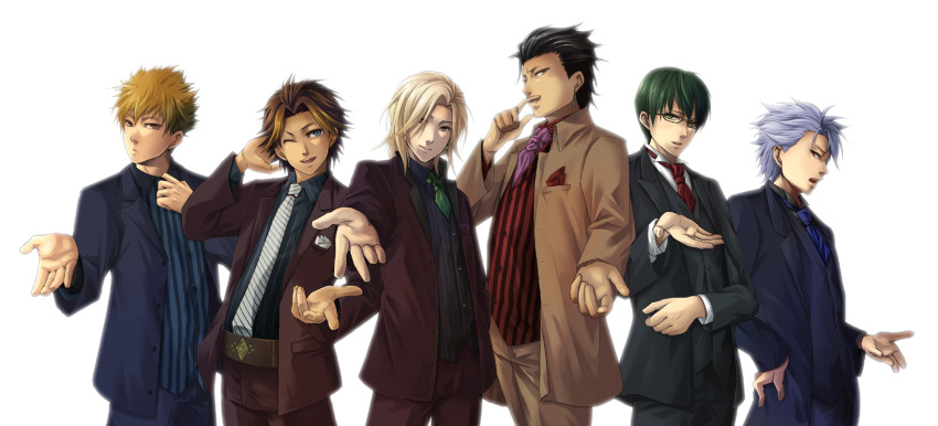 black_hair, blonde_hair, brown_hair, character_request, formal, fujiyama_arashi, glasses, green_hair