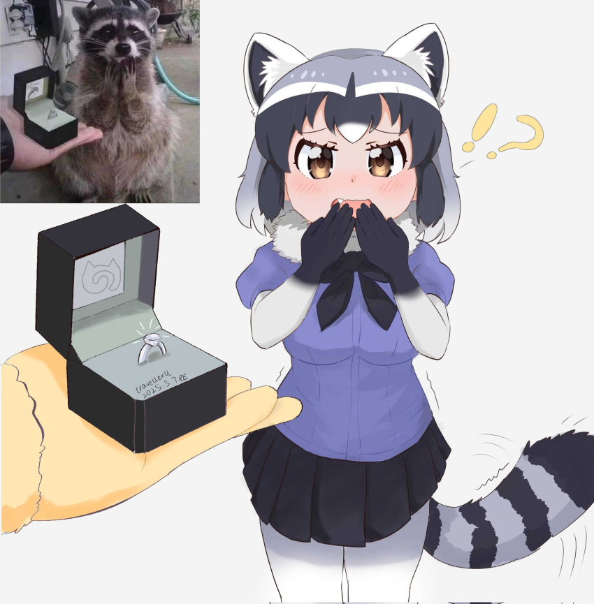 !?, 2girls, animal_ears, black_bow, black_bowtie, blue_sweater, blush, bow, bowtie, common_raccoon_(kemono_friends), covering_own_mouth, cowboy_shot, elbow_gloves, embarrassed, extra_ears, fang, female_pov, fennec_(kemono_friends), fur_collar, gloves, grey_gloves, grey_hair, grey_pantyhose, hair_between_eyes, highres, japari_symbol, jewelry, kemono_friends, multicolored_gloves, multicolored_hair, multicolored_pantyhose, multiple_girls, open_mouth, orange_eyes, pantyhose, photo-referenced, photo_inset, pov, puffy_short_sleeves, puffy_sleeves, raccoon_ears, raccoon_girl, raccoon_tail, ring, short_hair, short_sleeves, sidelocks, sweater, tail, travellerll, wedding_ring, white_fur, white_hair, yellow_gloves