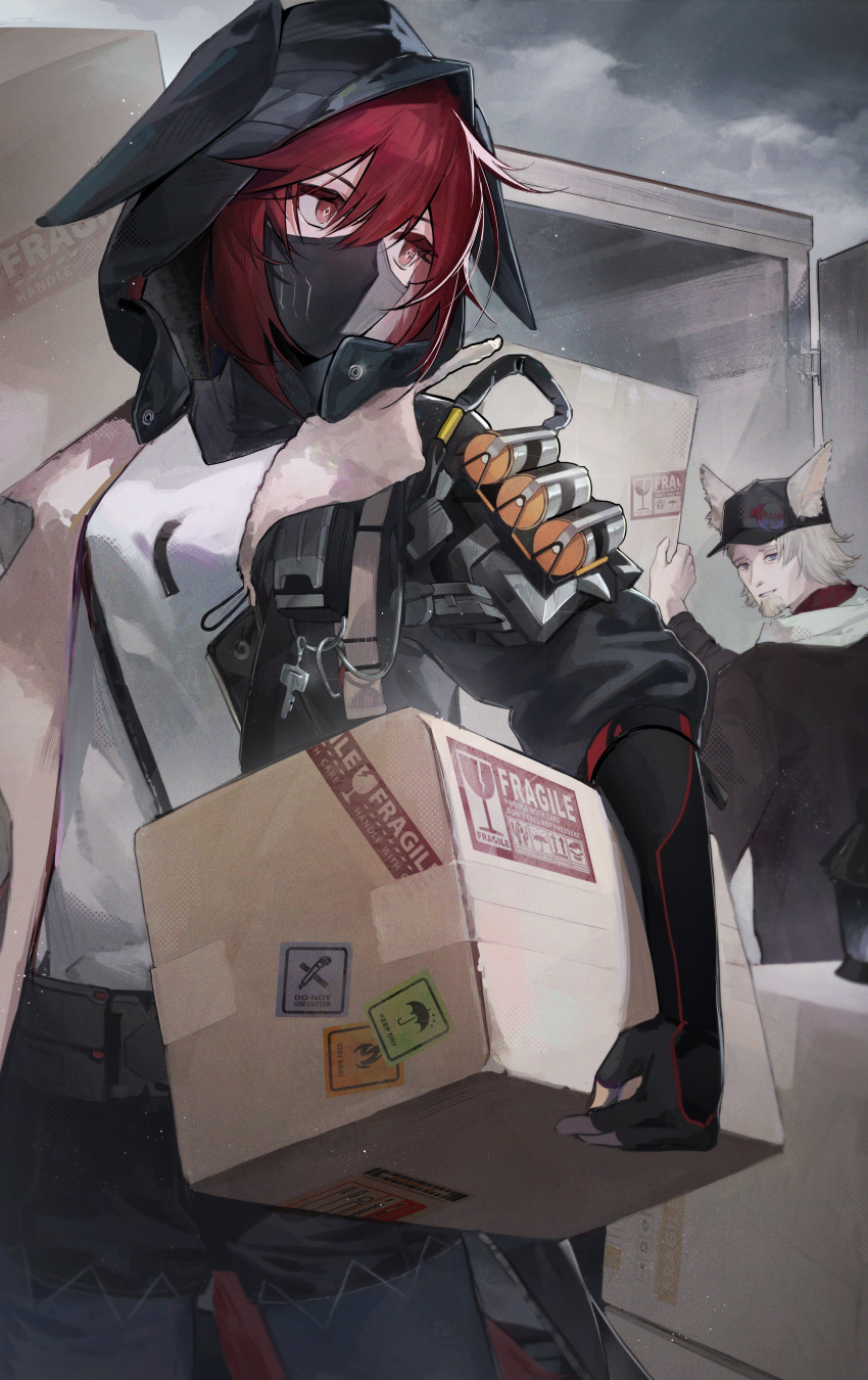 1boy, 1girl, absurdres, animal_ear_fluff, animal_ears, arknights, black_gloves, black_jacket