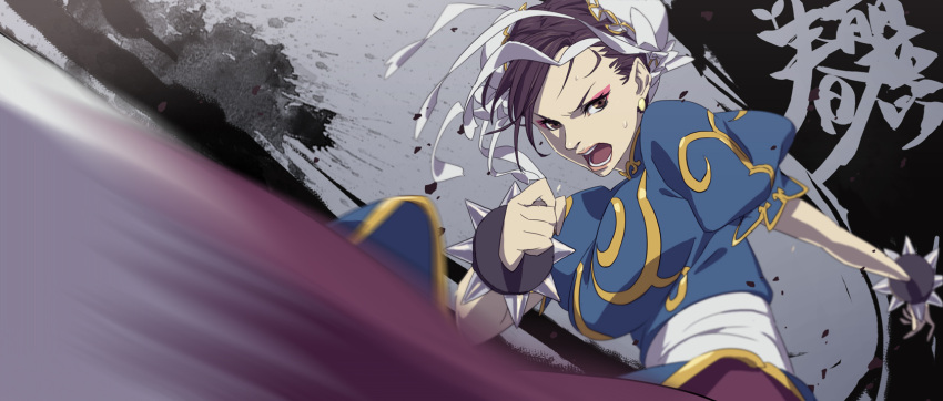 black_hair, breasts, bun_cover, china_dress, chinese_clothes, chun-li, double_bun, earrings