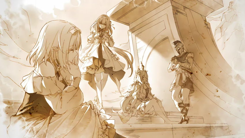 1boy, 3girls, ancient_greek_clothes, armlet, bad_link, bare_shoulders, butterfly_hair_ornament, calypso_(honkai:_star_rail)