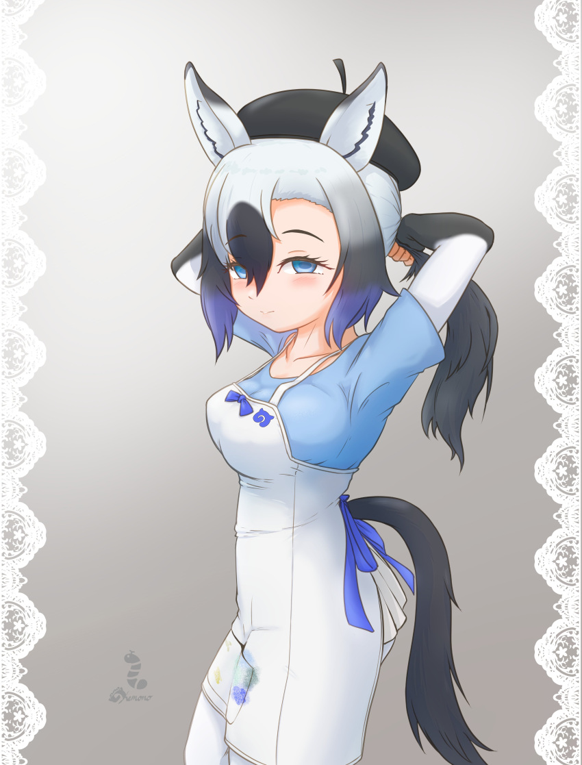 1girl, absurdres, adjusting_hair, animal_ears, apron, beret, black_hat, blue_eyes