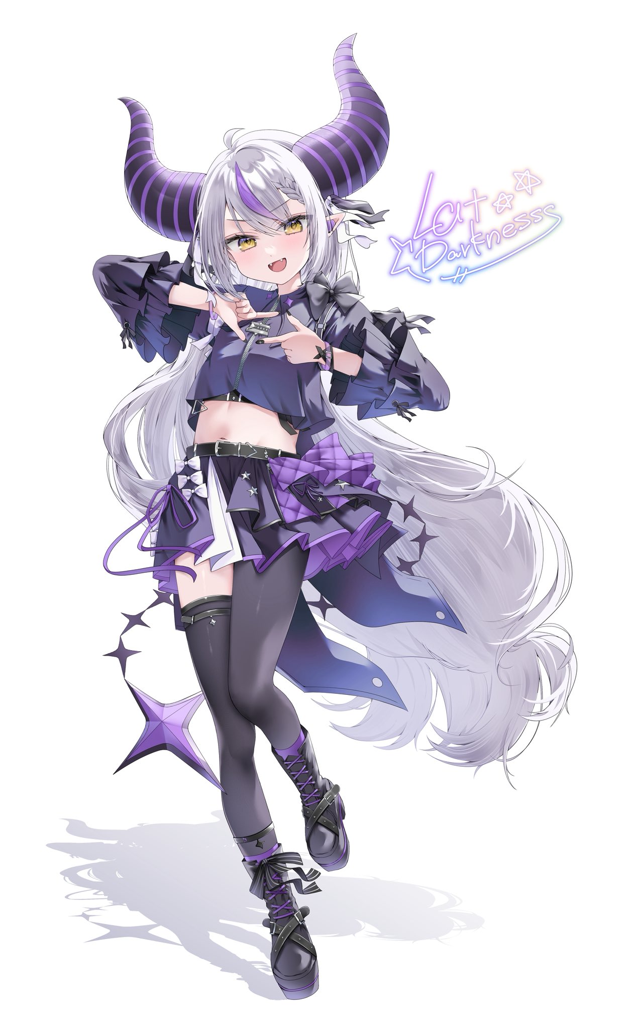 1girl, bad_link, highres, hololive, hololive_idol_uniform_(color_rise), horns, kochitora_9, la+_darknesss