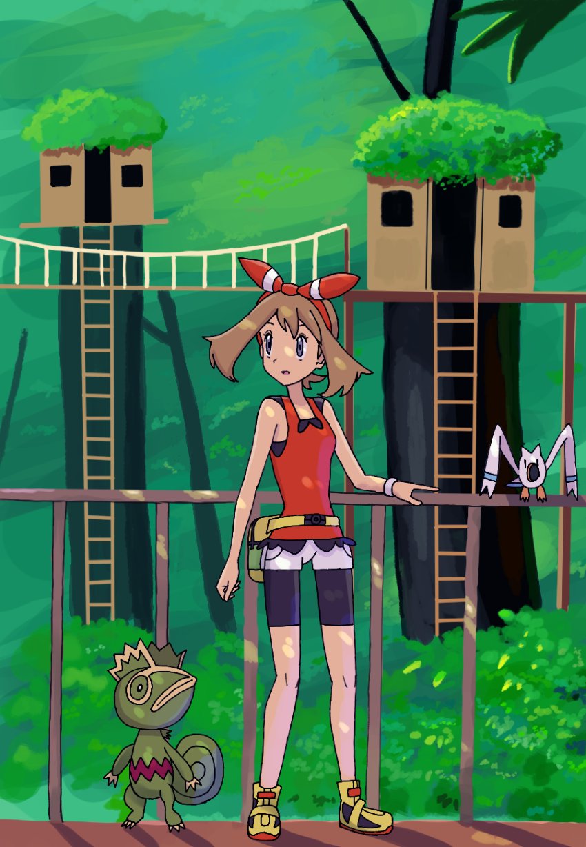 1girl, bare_shoulders, bike_shorts, bike_shorts_under_shorts, black_shorts, bow, bow_hairband, brown_hair