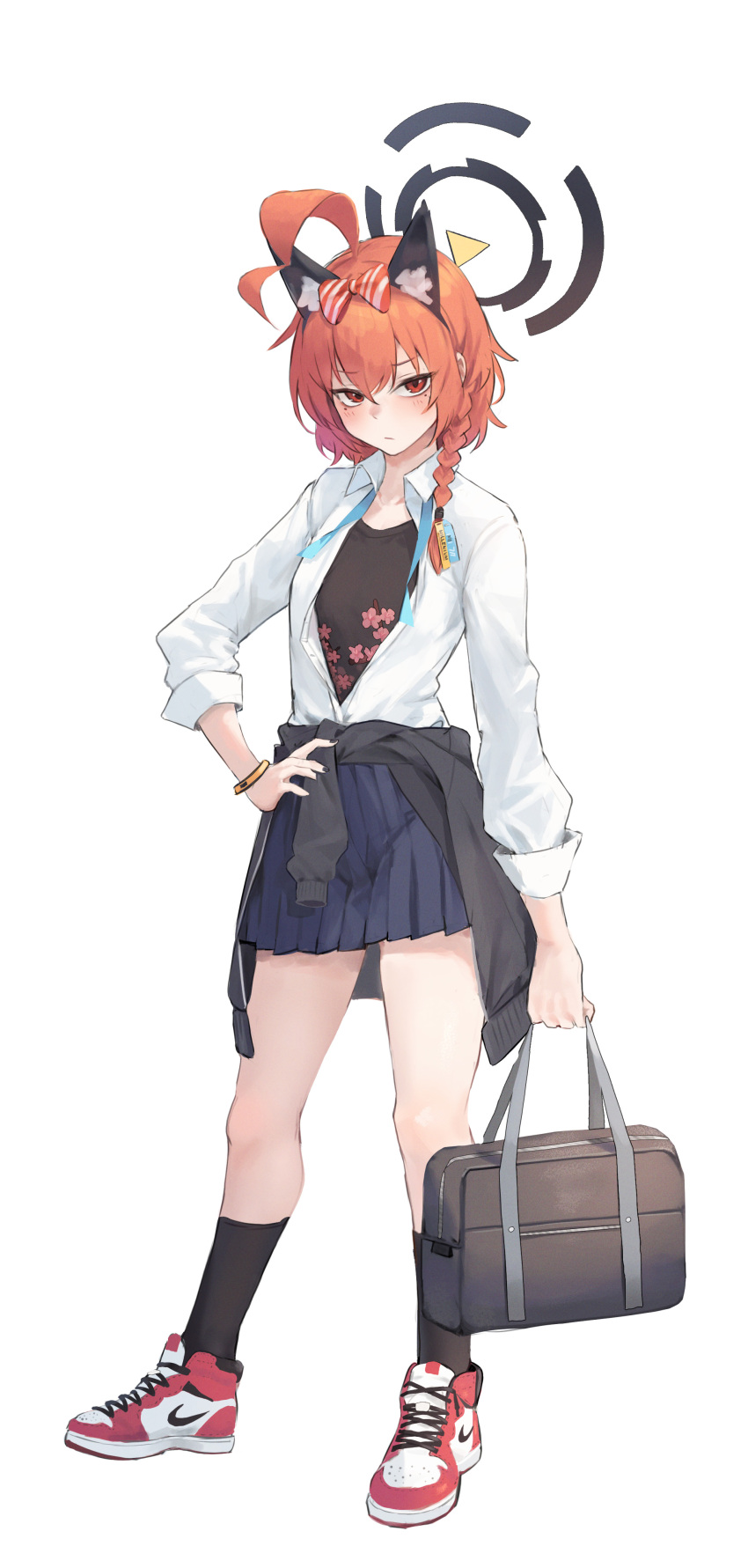 absurdres, ahoge, air_jordan, animal_ears, bag, black_halo, black_socks, black_undershirt