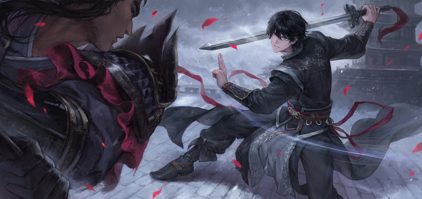 2boys, absurdres, architecture, black_boots, black_gloves, black_hair, black_robe, boots