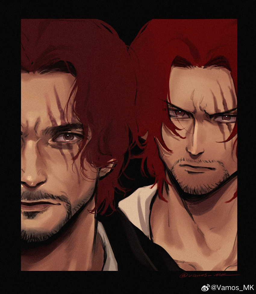 2boys, beard, black_background, black_border, border, brown_eyes, closed_mouth, connected_beard