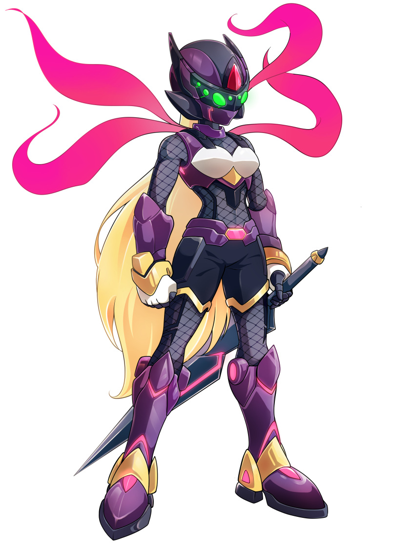 1girl, absurdres, alternate_costume, armor, armored_boots, armored_gloves, belt, belted_shorts, biometal, blonde_hair, body_armor, bodystocking, boots, breasts, commission, commissioner_upload, elbow_gloves, elbow_pads, elf_(mega_man_zx_prequel), extra_eyes, fishnets, forehead_jewel, gauntlets, gloves, green_eyes, helmet, highres, holding, holding_sword, holding_weapon, knee_boots, knee_pads, long_hair, mask, mega_man_(series), mega_man_zx, model_p_(mega_man), multiple_scarves, non-web_source, shorts, small_breasts, sword, uta_guipiy, weapon